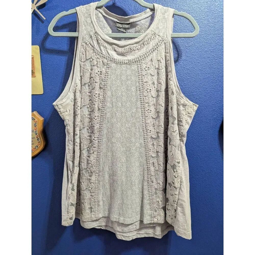 City Chic Lace Tank Top Plus Size 1XL Boho Grey